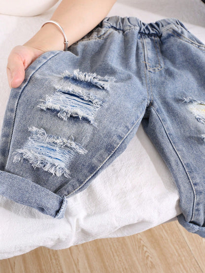 Young Boy Loose Fit Elastic Waist Ripped Denim Jeans, Casual Spring Pants