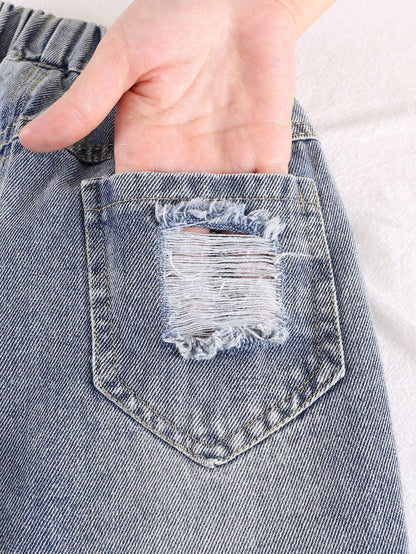 Young Boy Loose Fit Elastic Waist Ripped Denim Jeans, Casual Spring Pants