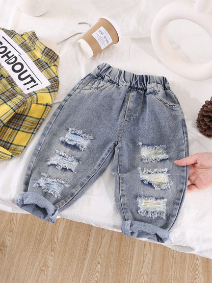Young Boy Loose Fit Elastic Waist Ripped Denim Jeans, Casual Spring Pants