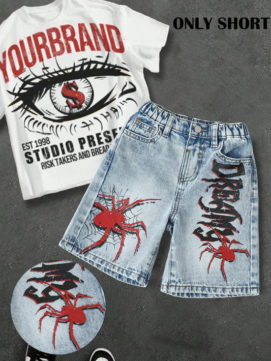 Young Boy New Fashion Urban Street Cool Distressed Stonewashed Spider Graffiti Print Loose Fit Blue Denim Shorts Spring Summer,For Kids Boys Spring/Summer Dailywear,Boys Streetwear,Beach Vacatio