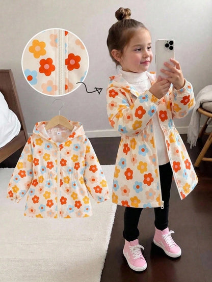 Young Girls Hooded Coat, Casual, Cute, Hoodie, Graphic, Fall, Winter, Back To School, Outdoor, Sports, Daily, Comfortable, Outfit
