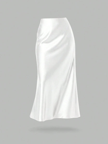 YROOE Fashionable Women Casual Minimalist Elegant Stretch Satin Finish A-Line Skirt White Spring, Quiet Luxury
