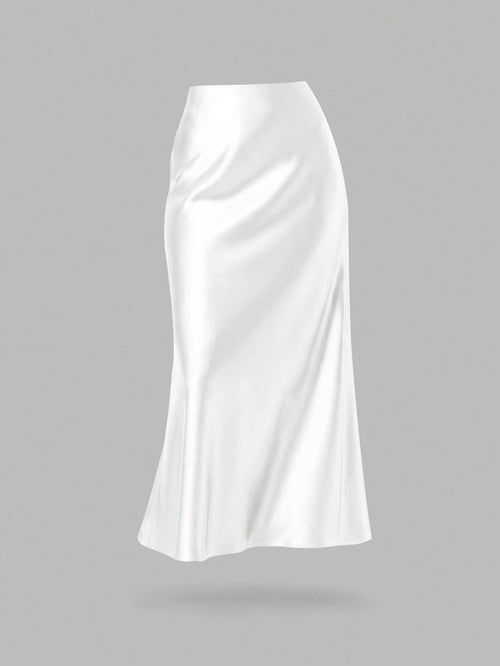 YROOE Fashionable Women Casual Minimalist Elegant Stretch Satin Finish A-Line Skirt White Spring, Quiet Luxury