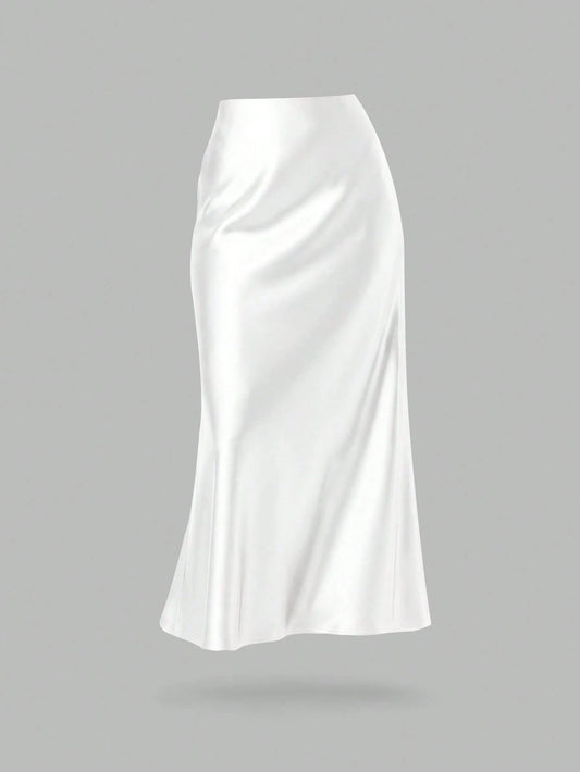 YROOE Fashionable Women Casual Minimalist Elegant Stretch Satin Finish A-Line Skirt White Spring, Quiet Luxury