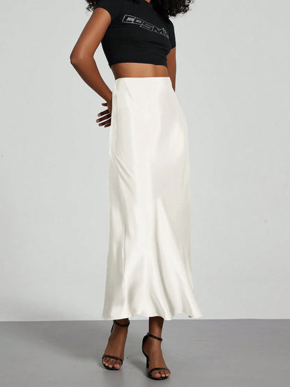 YROOE Fashionable Women Casual Minimalist Elegant Stretch Satin Finish A-Line Skirt White Spring, Quiet Luxury