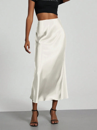 YROOE Fashionable Women Casual Minimalist Elegant Stretch Satin Finish A-Line Skirt White Spring, Quiet Luxury