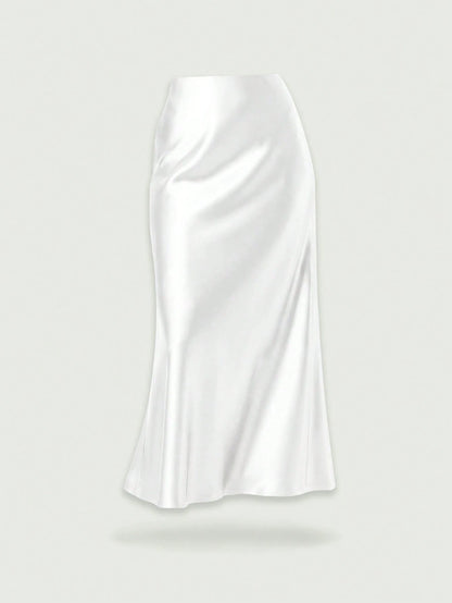 YROOE Fashionable Women Casual Minimalist Elegant Stretch Satin Finish A-Line Skirt White Spring, Quiet Luxury