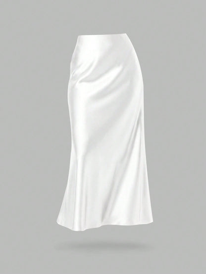 YROOE Fashionable Women Casual Minimalist Elegant Stretch Satin Finish A-Line Skirt White Spring, Quiet Luxury