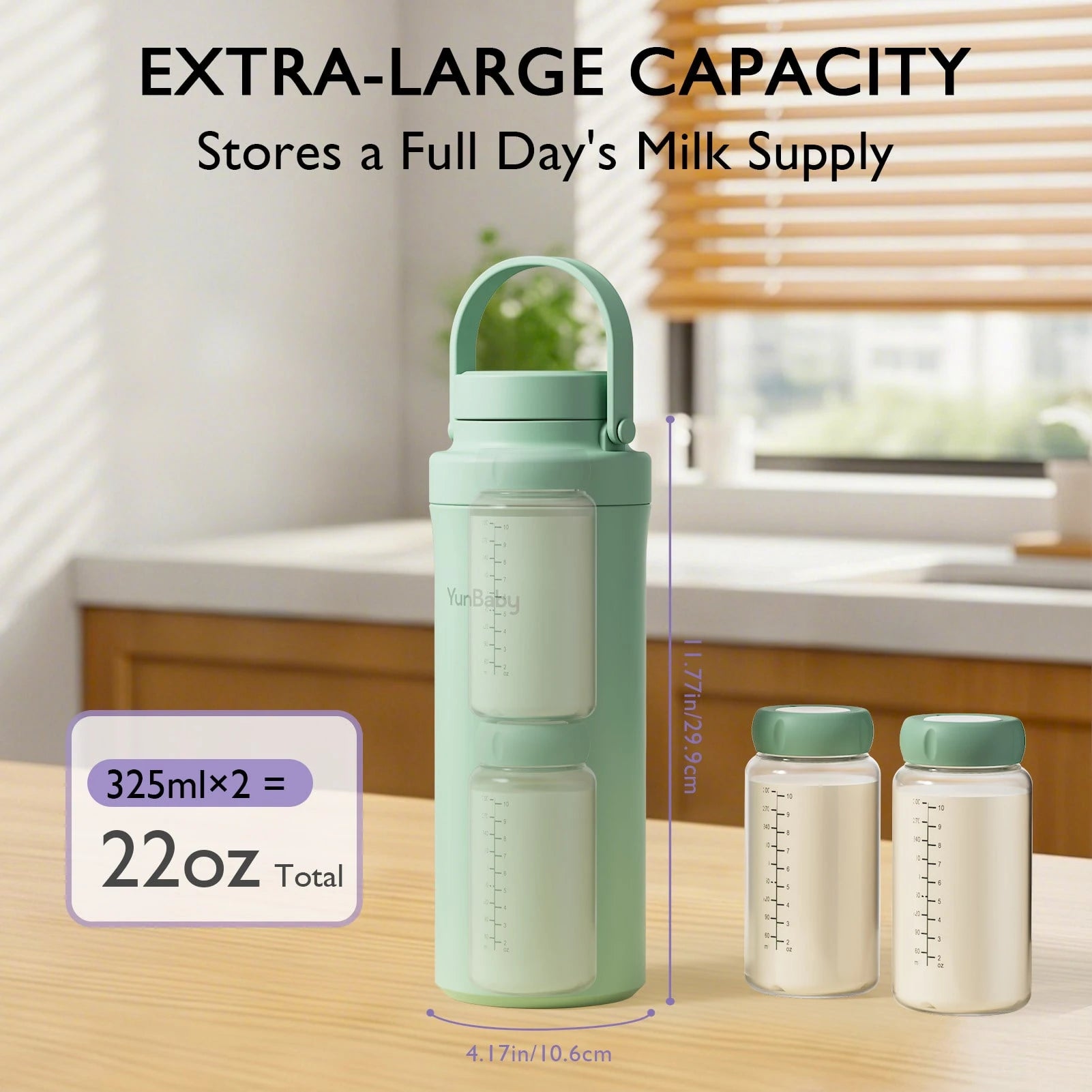 YunBaby Portable Breast Milk Cooler, 2 Ice Rings, 360°Cooling With Vacuum Lid,Chill For 30H+, 22oz Large Capacity With 2 Bottles, Rapid Chill To 40℉, Extra Wide Opening, Ideal For Work & Travel