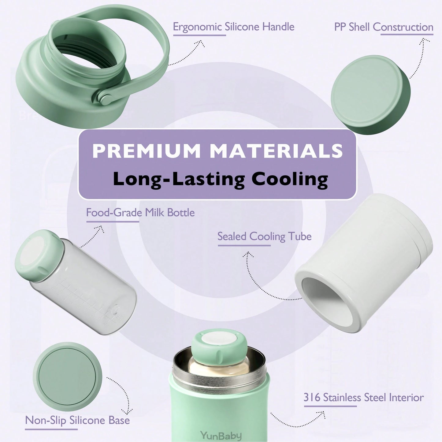 YunBaby Portable Breast Milk Cooler, 2 Ice Rings, 360°Cooling With Vacuum Lid,Chill For 30H+, 22oz Large Capacity With 2 Bottles, Rapid Chill To 40℉, Extra Wide Opening, Ideal For Work & Travel