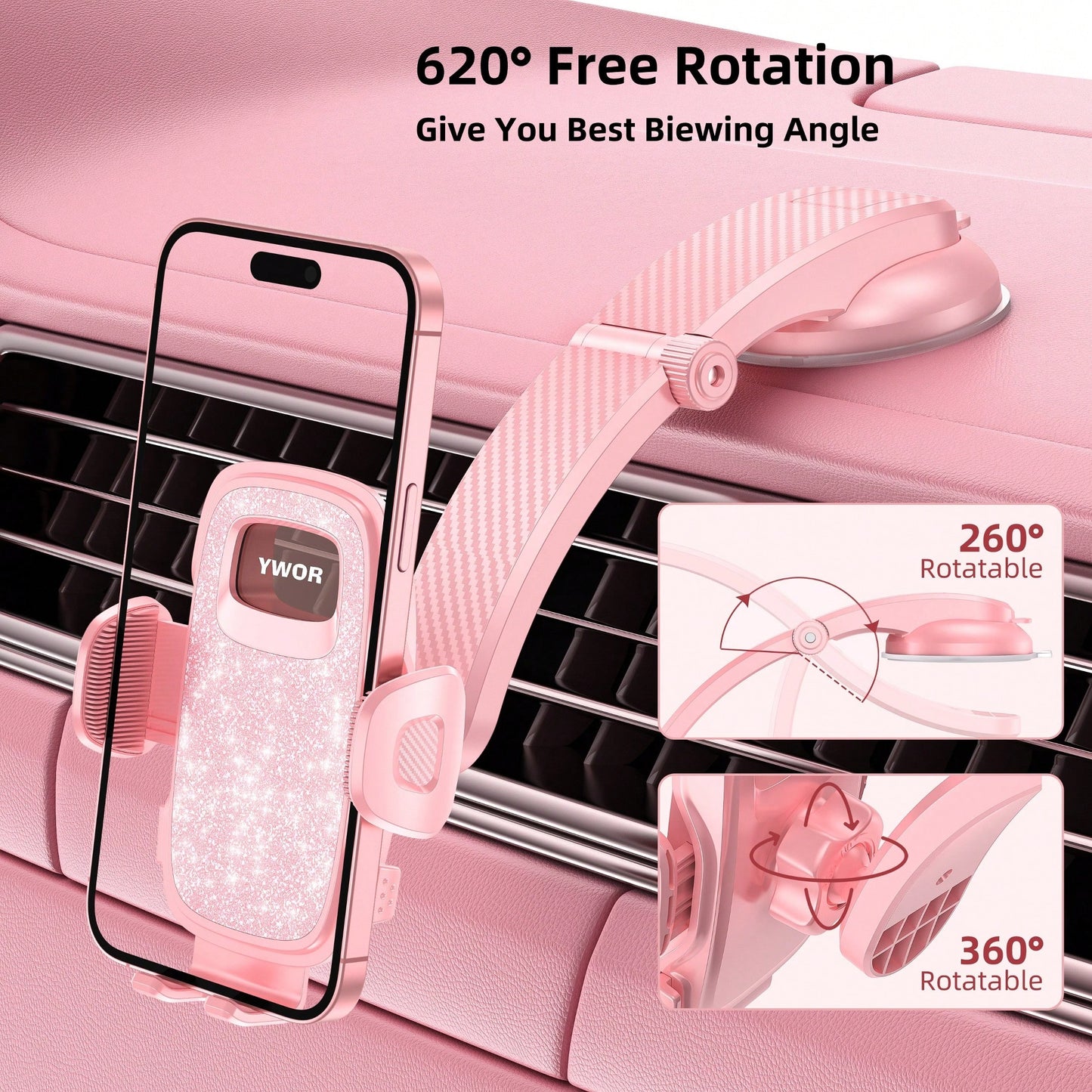 YWOR Pink Car Phone Holder, Universal Car Phone Holder, Super Suction Cup Car Phone Holder