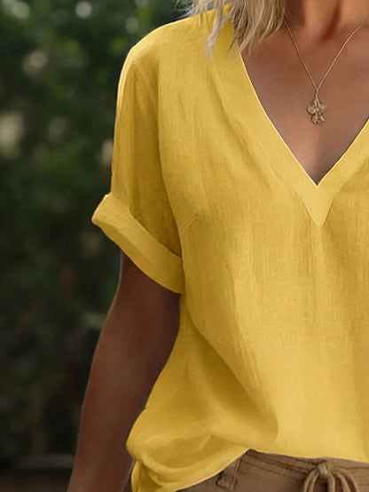 Zayélia Women's Solid Color V-Neck Minimalist Elegant Short Sleeve Blouse, Suitable For Daily Commute