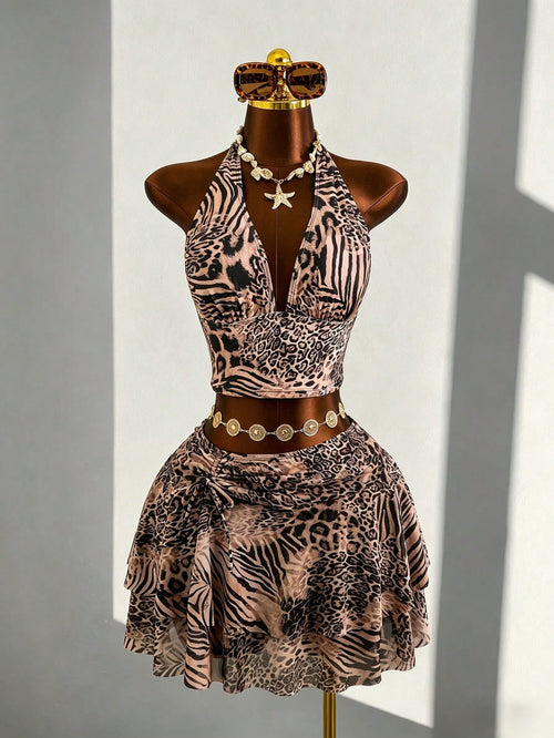 Zestiva 2026 New Animal Print Plus Size 3 PiecesSwimsuit Set, Women Summer Beach Vacation Outfit