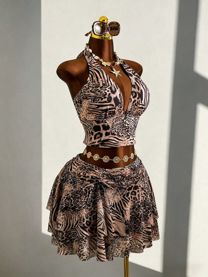 Zestiva 2026 New Animal Print Plus Size 3 PiecesSwimsuit Set, Women Summer Beach Vacation Outfit