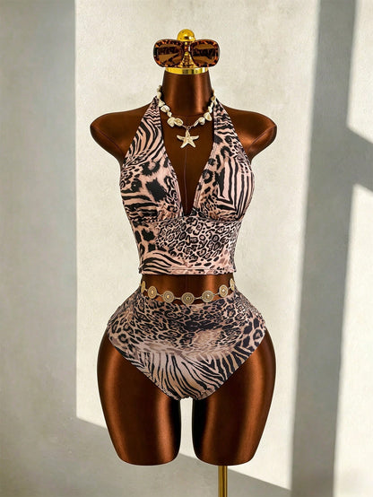 Zestiva 2026 New Animal Print Plus Size 3 PiecesSwimsuit Set, Women Summer Beach Vacation Outfit
