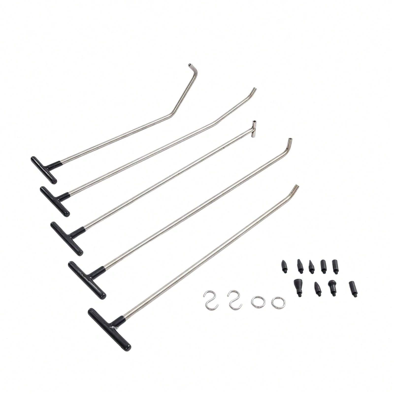 ZhdnBhnos Paintless Dent Repair Kits, 5 Pieces Of Dent Removal Rods With 9 Replaceable Taper Heads, Car Auto Body Dent Removal Tools (5pcs Rods, 2 S-Hooks & 2 O-Hooks)