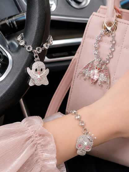 Zirconia Crown Skull, Pink Diamond Bat, Silver Ghost Pendant, Car Steering Wheel Chain, Rearview Mirror Hanging Decoration, Halloween Ornament, Car Decoration Pendant, Women's Bag Chain, Fashion Luxur