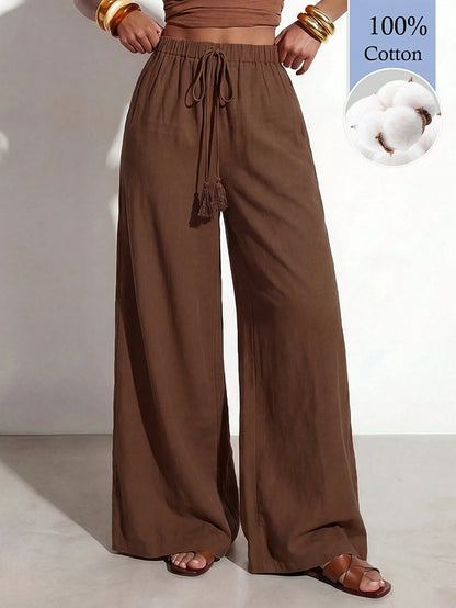 Zivah Latest Best-Selling Women's Brown Wide-Leg Casual Resort Pants Feature A Drawstring Waistband And Tassel Details, And Are Made From 100% Cotto
