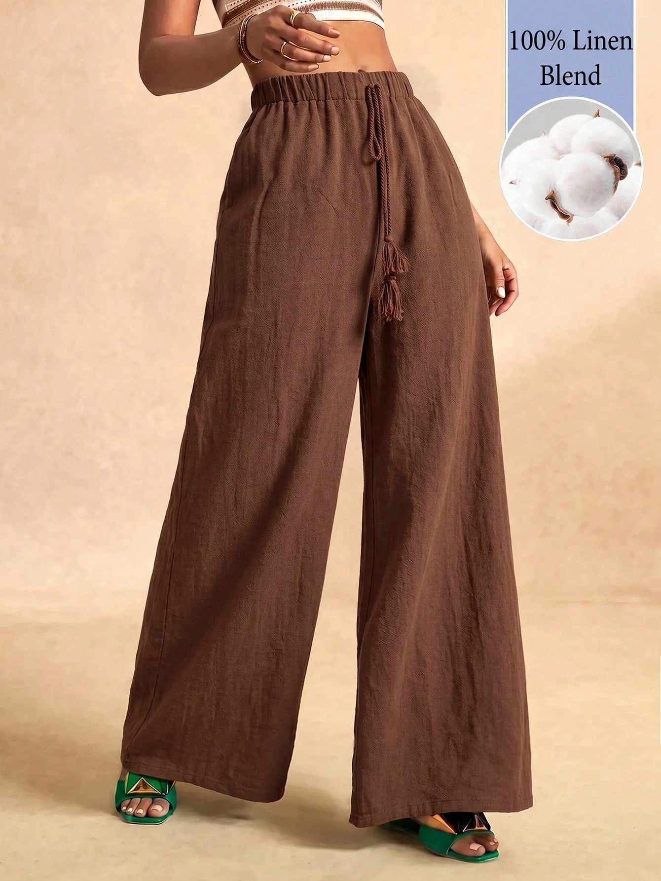 Zivah Latest Best-Selling Women's Brown Wide-Leg Casual Resort Pants Feature A Drawstring Waistband And Tassel Details, And Are Made From 100% Cotto