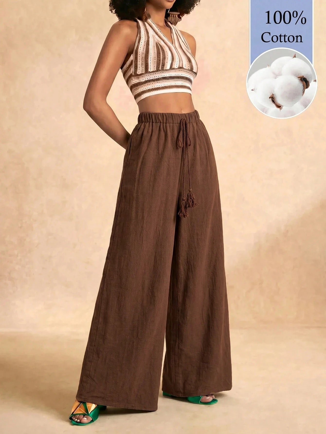 Zivah Latest Best-Selling Women's Brown Wide-Leg Casual Resort Pants Feature A Drawstring Waistband And Tassel Details, And Are Made From 100% Cotto
