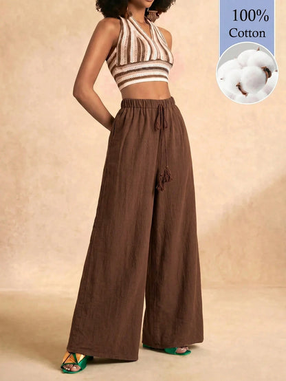 Zivah Latest Best-Selling Women's Brown Wide-Leg Casual Resort Pants Feature A Drawstring Waistband And Tassel Details, And Are Made From 100% Cotto