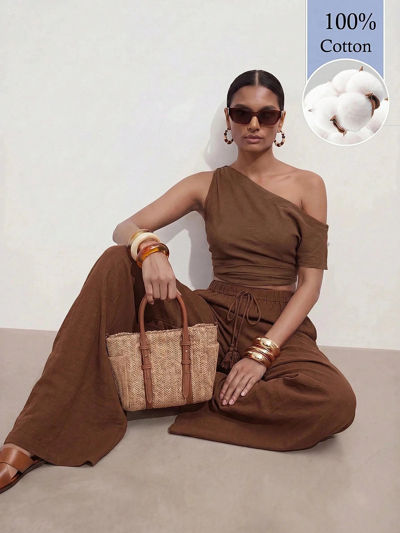 Zivah Latest Best-Selling Women's Brown Wide-Leg Casual Resort Pants Feature A Drawstring Waistband And Tassel Details, And Are Made From 100% Cotto