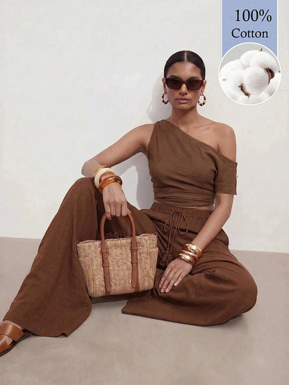 Zivah Latest Best-Selling Women's Brown Wide-Leg Casual Resort Pants Feature A Drawstring Waistband And Tassel Details, And Are Made From 100% Cotto