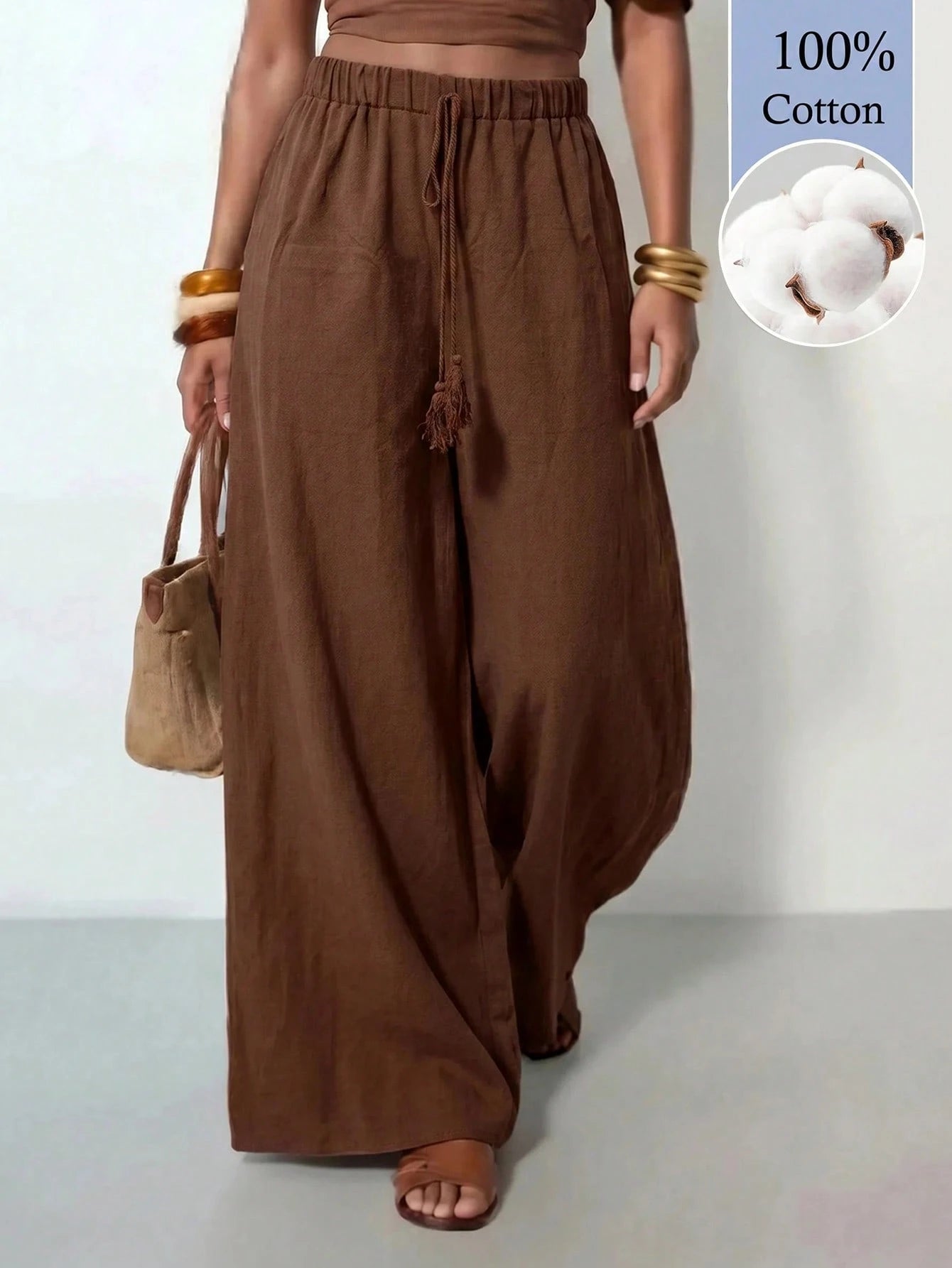 Zivah Latest Best-Selling Women's Brown Wide-Leg Casual Resort Pants Feature A Drawstring Waistband And Tassel Details, And Are Made From 100% Cotto