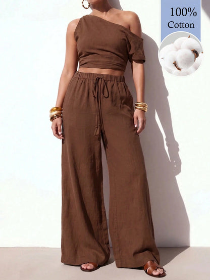 Zivah Latest Best-Selling Women's Brown Wide-Leg Casual Resort Pants Feature A Drawstring Waistband And Tassel Details, And Are Made From 100% Cotto