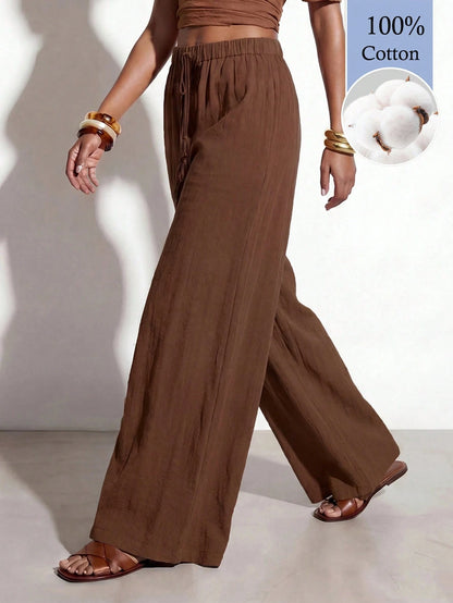 Zivah Latest Best-Selling Women's Brown Wide-Leg Casual Resort Pants Feature A Drawstring Waistband And Tassel Details, And Are Made From 100% Cotto