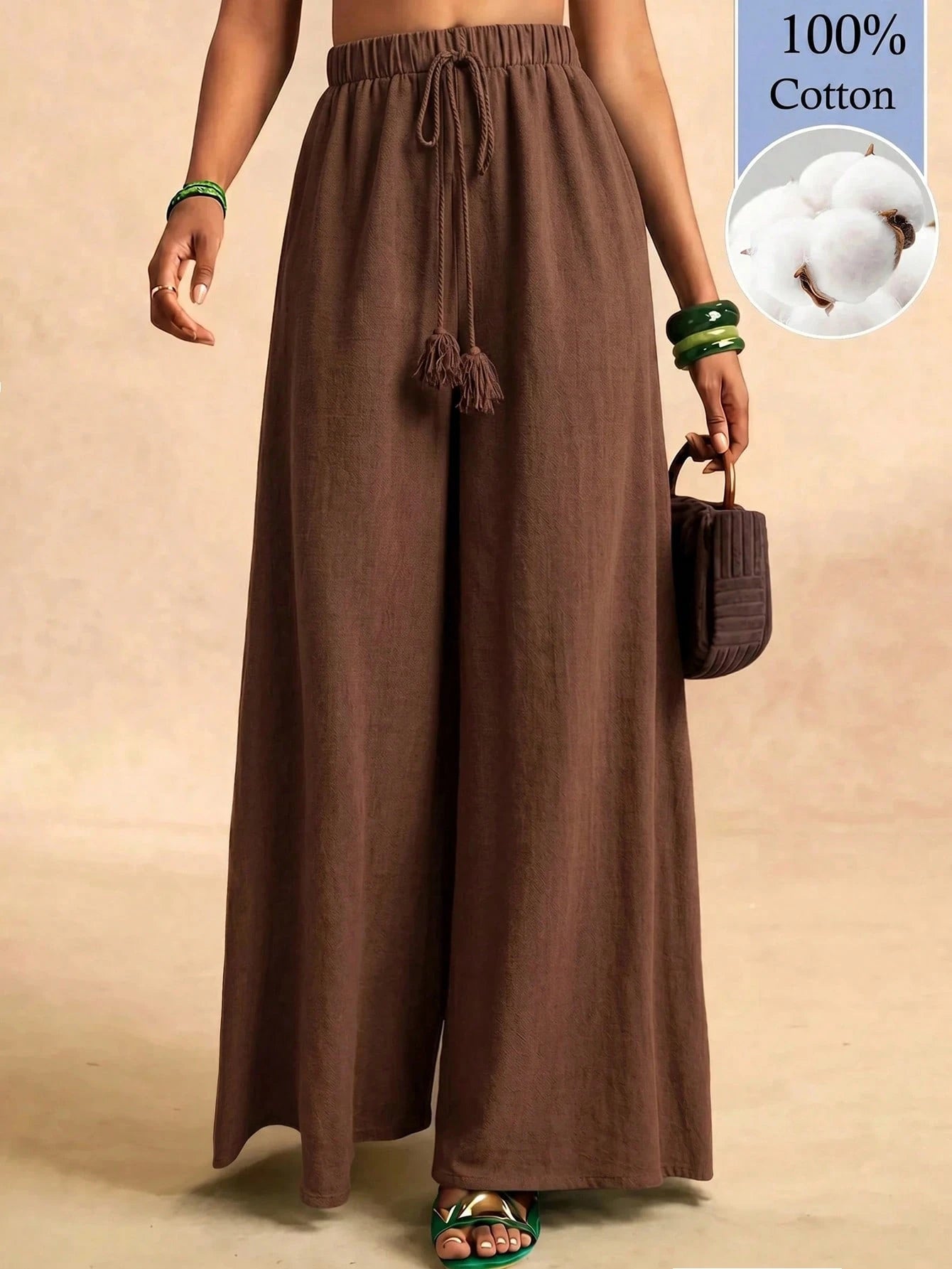 Zivah Latest Best-Selling Women's Brown Wide-Leg Casual Resort Pants Feature A Drawstring Waistband And Tassel Details, And Are Made From 100% Cotto